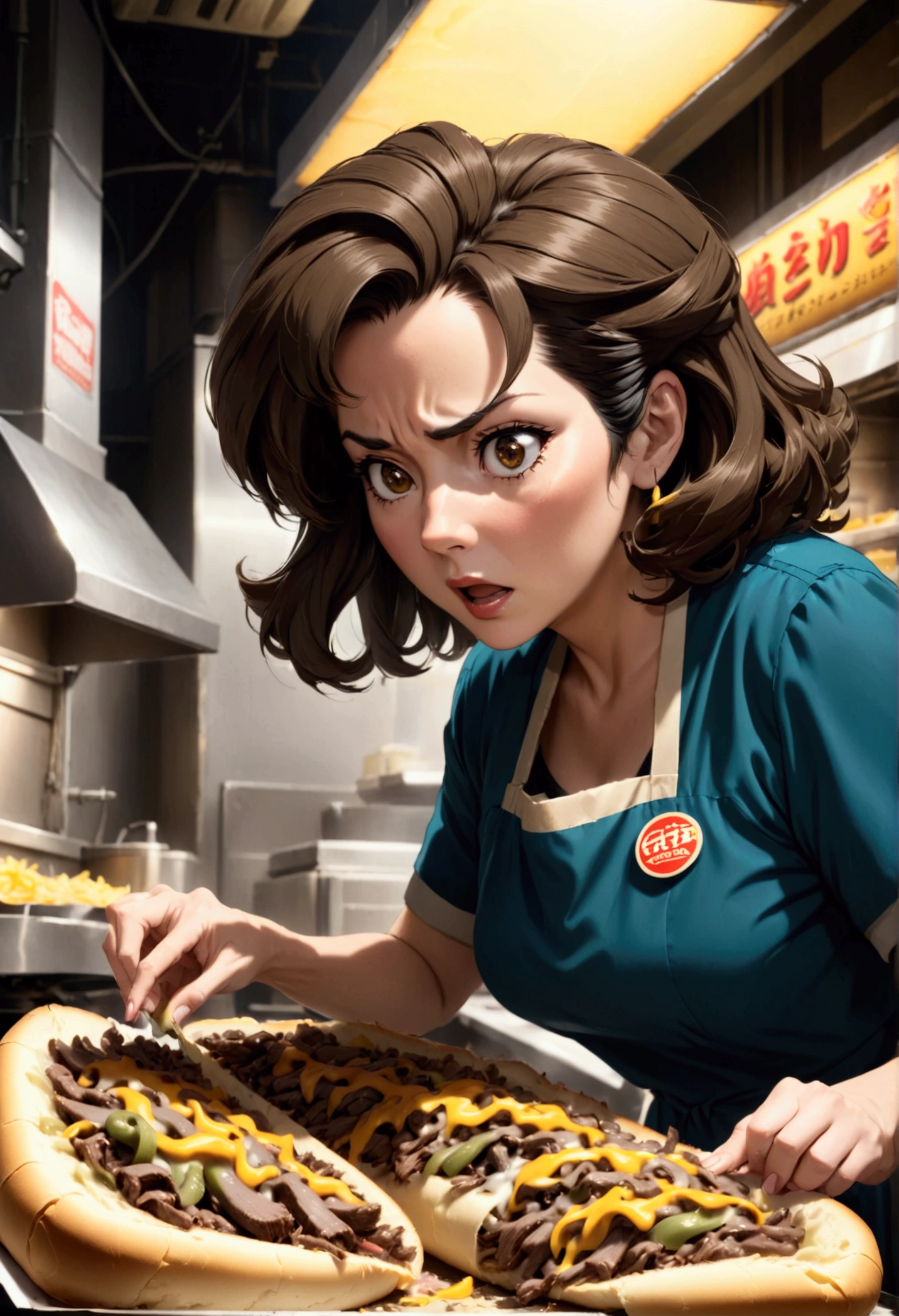 puntuación 9, fuente anime, de lado, plano general, Mujer de mediana edad haciendo cheesesteaks de Filadelfia, hiperrealista, iluminación cinematográfica, 8K, rostro y ojos muy detallados, obra maestra, 