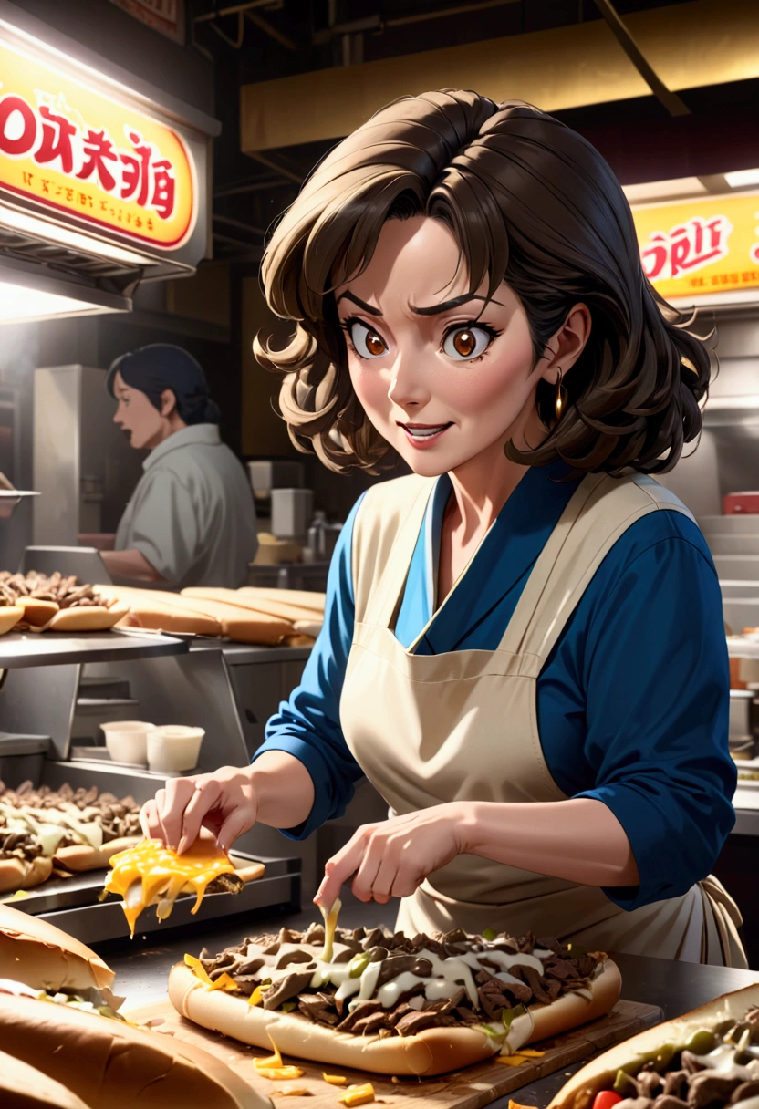 puntuación 9, fuente anime, de lado, plano general, Mujer de mediana edad haciendo cheesesteaks de Filadelfia, hiperrealista, iluminación cinematográfica, 8K, rostro y ojos muy detallados, obra maestra, 