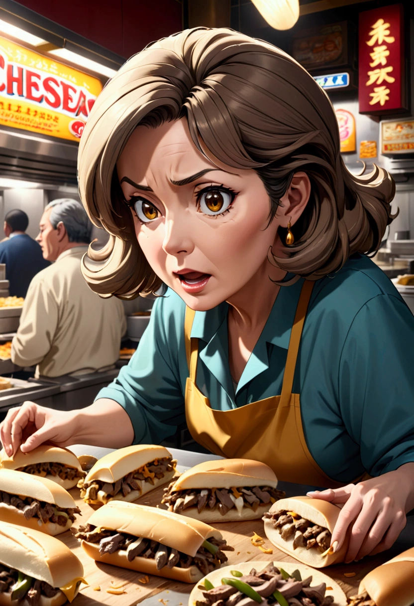 puntuación 9, fuente anime, de lado, plano general, Mujer de mediana edad haciendo cheesesteaks de Filadelfia, hiperrealista, iluminación cinematográfica, 8K, rostro y ojos muy detallados, obra maestra, 