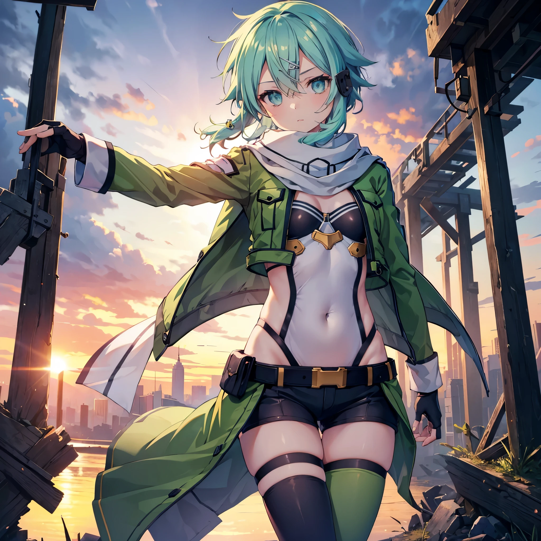 (masterpiece), best quality, expressive eyes, perfect face, highres, sinon1, scarf, fingerless gloves, long sleeves, short shorts,groin, hair ornament, hairclip, green thighhighs, green jacket,covered_nipples, thigh strap, field, sunset_ruins background, ruined structures, dynamic_posing, looking at the viewer, covered_navel,covered_nipples,