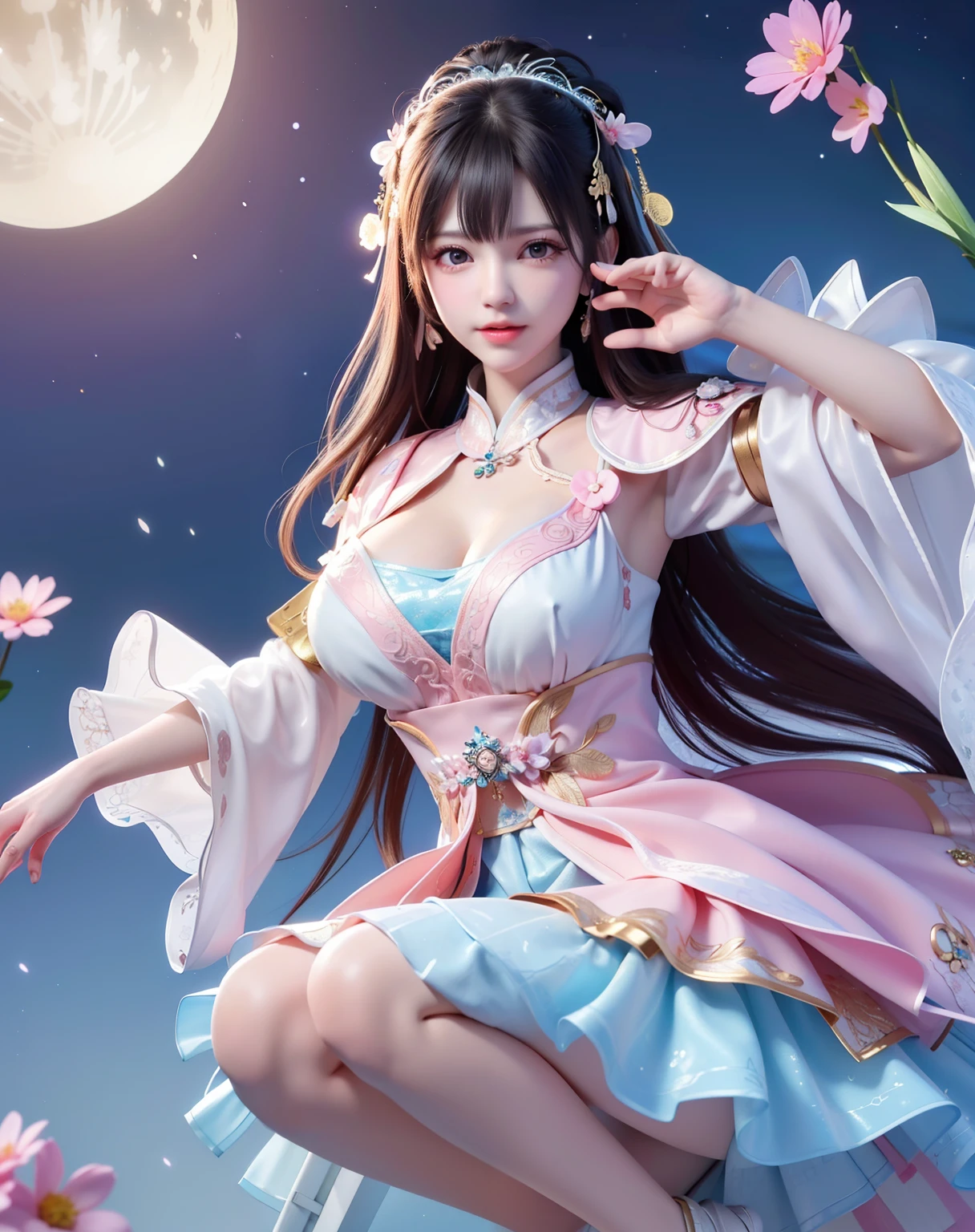 (8k, RAW photo:1.2), best quality, ultra high res,dramatic angle,(fluttered detailed color splashs), (illustration),(((1 girl))),(long hair),(rain:0.9), (Headdress:1.4),There is an ancient palace beside the girl,Hanfu,(Key Points),Color ink painting,(Splash of Color),Splash of Color,(((colorful))),(sketch:0.8) , Masterpiece, best quality, beautiful painted, highly detailed,(denoising:0.6),[splash ink],((ink refraction)), (beautiful detailed sky),moon,highly,detaild,(masterpiece, best quality, extremely detailed） CG Unity 8k Wallpaper，masterpiece，best quality，Ultra Detailed），（Lycoris）.shoulder ballet dress open V-chested clothes Thin silk lace dress short skirt , (huge ，cleavage),, white pink, blue ，best qualtiy，tmasterpiece，Ultra-high resolution，（Reality：1.4），RAW photogr，（True skin texture：1.3），（filmgrain：1.3），（Selfie angle），1个Giant Breast Girl，Beautiful eye and face details，tmasterpiece，Best quality at best，，The chest more exposed， detailed hair, bra pink , detail 8k, full body, lace petticoat