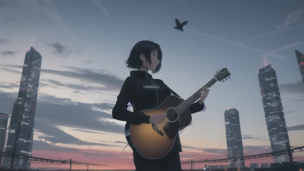 Acoustic guitar,Pitch black night sky,Octane, Star (zero), scenery, Blue parakeet,The acoustic guitar is placed in front of the body.,Star, night, Back view, Outdoor, city,Blue parakeet,building, cloud, Heavenly River,silhouette