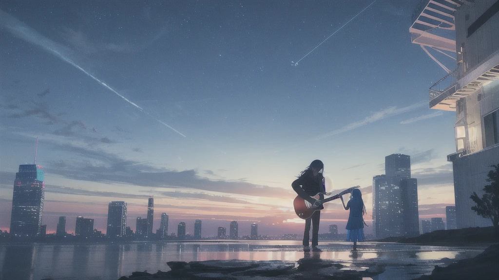 Acoustic guitar,Pitch black night sky,Octane, Star (zero), scenery, Blue parakeet,The acoustic guitar is placed in front of the body.,Star, night, Back view, Outdoor, city,Blue parakeet,building, cloud, Heavenly River,silhouette