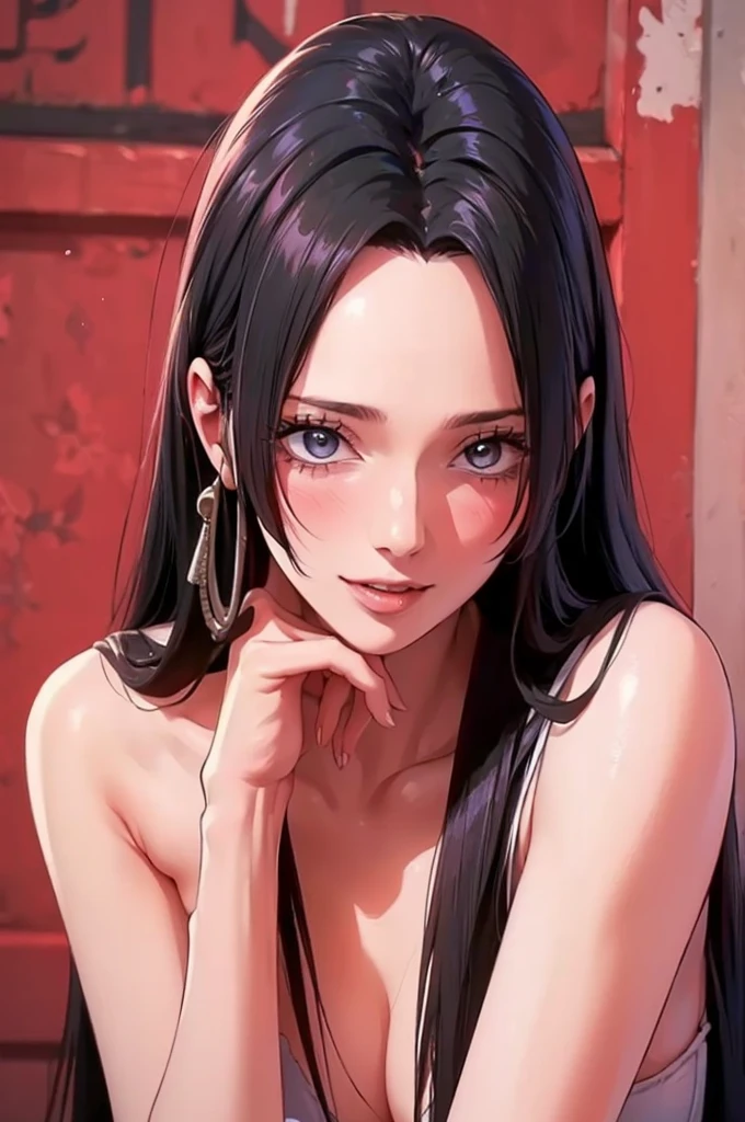 (((masterpiece))), (((best quality))), ((ultra-detailed)), (highly detailed CG illustration), Boa Hancock, , (masterpiece:1.5), Detailed Photo, Smiling, Sexy, (Best Quality: 1.4), (1girl), Beautiful Face, (Black Hair, long Hair: 1.3), Beautiful Hairstyle,  beautiful detail eyes, (realistic skin), beautiful skin, absurd, attractive, ultra high resolution, high definition, (sexually aroused:1.5), Pinkish white skin, cool white light, sexy pose, Beautiful , white background, pink soft white light, Wear a white dress