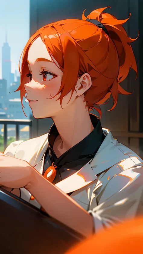 １girl、orange hair、ponytail、round red eyes、short hair、smile、profile、face close-up、morning cafe terrace、background blur, written b...