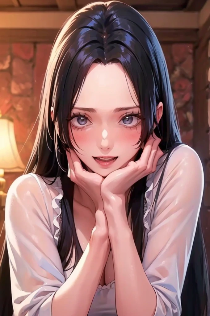 (((masterpiece))), (((best quality))), ((ultra-detailed)), (highly detailed CG illustration), Boa Hancock, , (masterpiece:1.5), Detailed Photo, Smiling, Sexy, (Best Quality: 1.4), (1girl), Beautiful Face, (Black Hair, long Hair: 1.3), Beautiful Hairstyle,  beautiful detail eyes, (realistic skin), beautiful skin, absurd, attractive, ultra high resolution, high definition, (sexually aroused:1.5), Pinkish white skin, cool white light, sexy pose, Beautiful , white background, pink soft white light, Wear a white dress