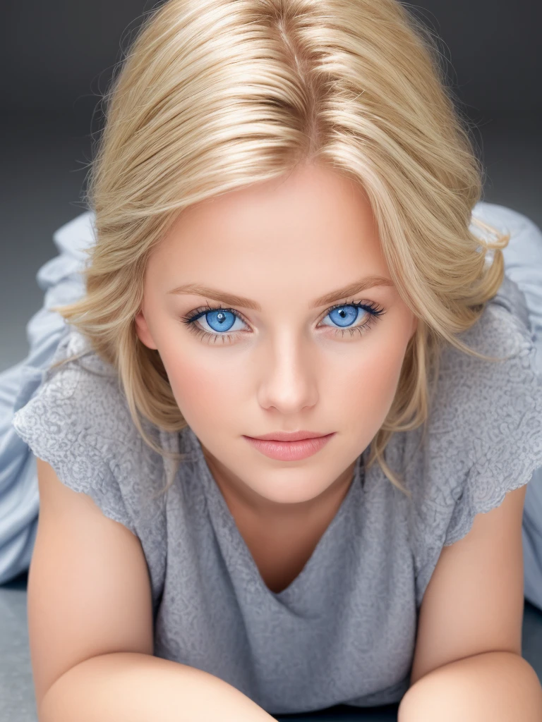 A macro, detailed image of a blonde young woman lying on a soft gray, patterned, polished floor. The woman has her head and hands on the floor and she's staring straight ahead with bright blue eyes with an out of focus background. The portrait is realistic with studio lighting.