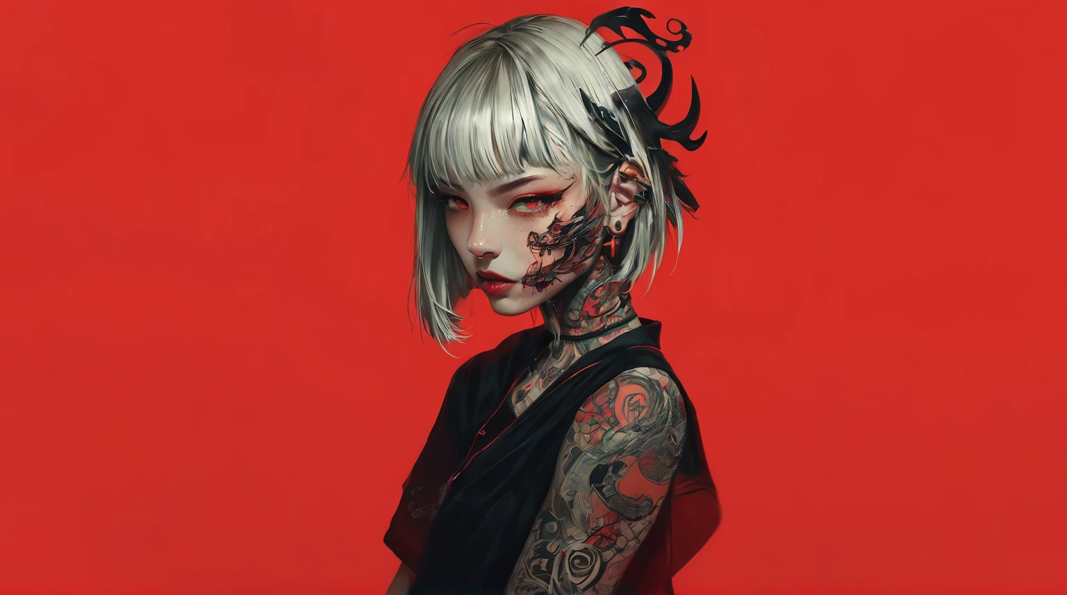 puffy woman with a tattoo on her face and a black dress, portrait of demon girl, inspired by Yanjun Cheng, non-style artwork by guweiz, a beautiful art illustration, digitalpainting | intricate, stunning digital illustration, demon girl, cyborg - girl with silver hair, beautiful cyberpunk girl face, deviantart artstation cgscosiety