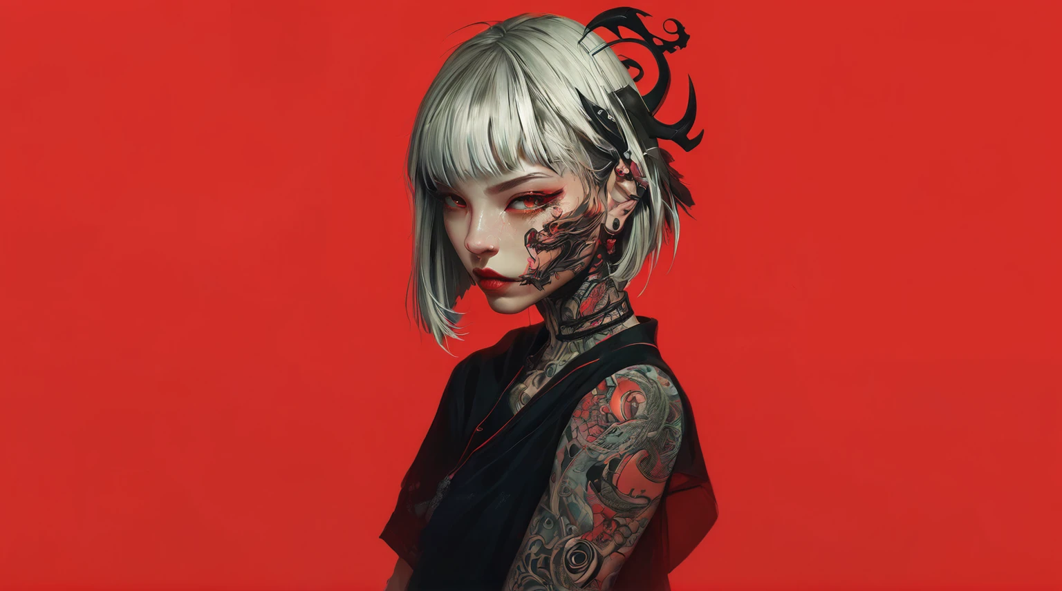 puffy woman with a tattoo on her face and a black dress, portrait of demon girl, inspired by Yanjun Cheng, non-style artwork by guweiz, a beautiful art illustration, digitalpainting | intricate, stunning digital illustration, demon girl, cyborg - girl with silver hair, beautiful cyberpunk girl face, deviantart artstation cgscosiety