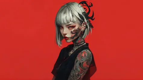 puffy woman with a tattoo on her face and a black dress, portrait of demon girl, inspired by Yanjun Cheng, non-style artwork by ...