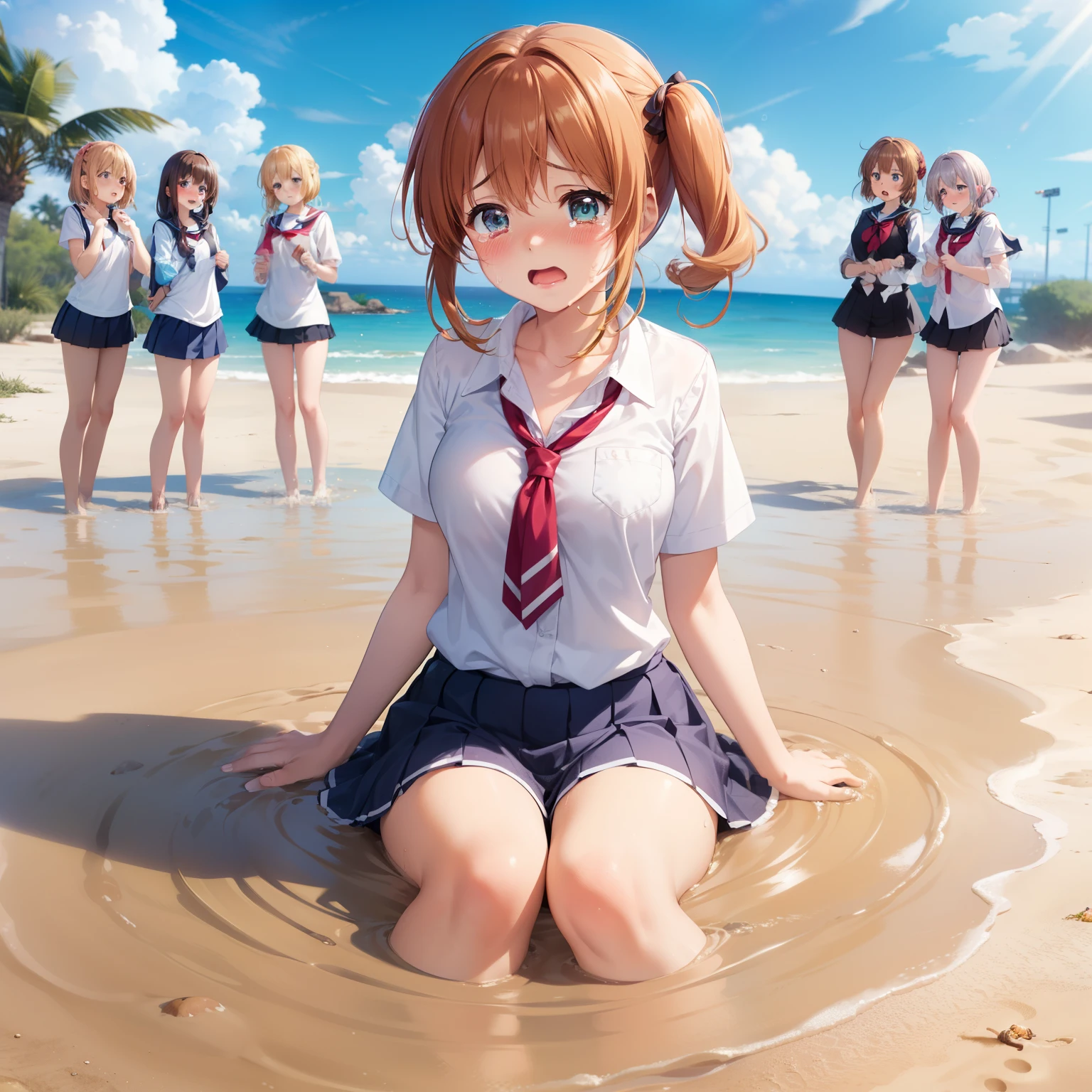 masterpiece, best quality, highres, (5girls), (multiple girls:1.5), blush, anime CG style, good lighting, desert, sand, (quicksand, partially submerged), (upset, tears in her eyes), kinomoto sakura, aichan, mikuru1, breasts, school shirt, (5 girls sinking)