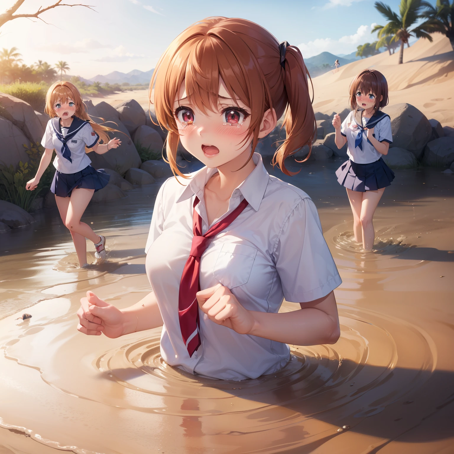 masterpiece, best quality, highres, (5girls), (multiple girls:1.5), blush, anime CG style, good lighting, desert, sand, (quicksand, partially submerged), (upset, tears in her eyes), kinomoto sakura, aichan, mikuru1, breasts, school shirt, (5 girls sinking)