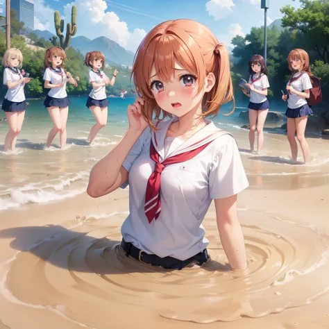 masterpiece, best quality, highres, (5girls), (multiple girls:1.5), blush, anime CG style, good lighting, desert, sand, (quicksa...