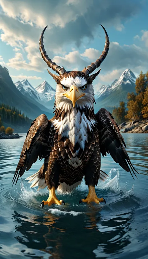 Panorama，There is a beast in the water，Looks like an eagle，The head has double horns（best quality，4K，8K，High level，masterpiece：1...