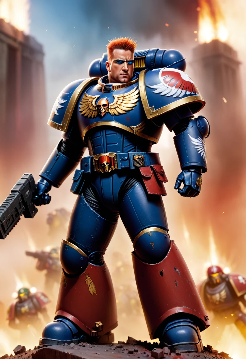 billy herrington as a 40k space marine,warhammer 40k era,high quality,blurred background,standing on a blood