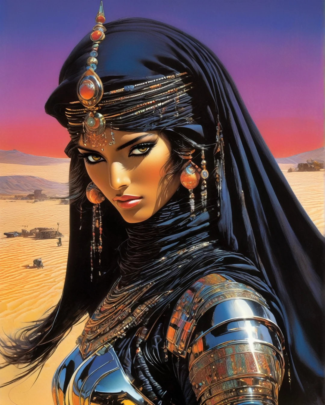  Art style by Noriyoshi Ohrai, Hajime Sorayama, Hiroshi Nagai, (Masterpiece, Top Quality, Super Deatail, High Resolution, Best Illustration), "An exceptional Saudi Arabian Bedouin female warrior adorned in a sleek, black metallic mechanical suit, seamlessly blending traditional Bedouin elements with cutting-edge cyberpunk aesthetics. The scene is set against a backdrop of a dark, dystopian sci-fi landscape, with neon-lit deserts and futuristic cityscapes. The art style echoes the retro 1980s, capturing the essence of that era's vibrant color palette and bold design. The composition should evoke a sense of mystery and power, with intricate details highlighting the fusion of ancient Bedouin culture and advanced technology."   ,Yoshitaka Amano style,dreamlike,fantasy,vivid colors,soft lighting