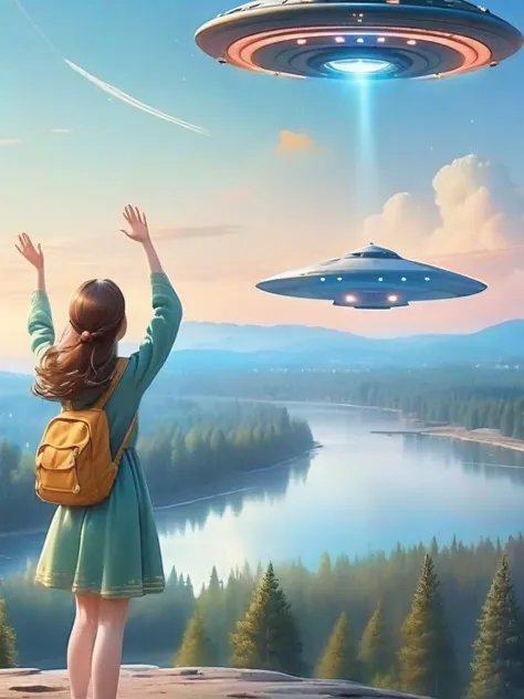 A beautiful girl waves to the UFO in the sky