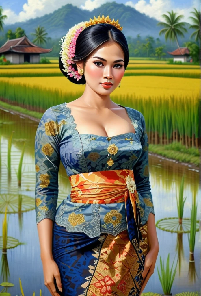 Hermosa campesina javanesa tetona con un vestido kebaya de brocado y una falda larga de batik, peinado de moño simple con pequeñas flores hermosas en el cabello, fondo de campo de arroz increíblemente detallado e intrincado, pintura al oleo sobre lienzo, estilo realista, fuertemente influenciado por el estilo de pincelada fotorrealista de Don Lawrence, pechos grandes, no es bueno, pezones resaltados 