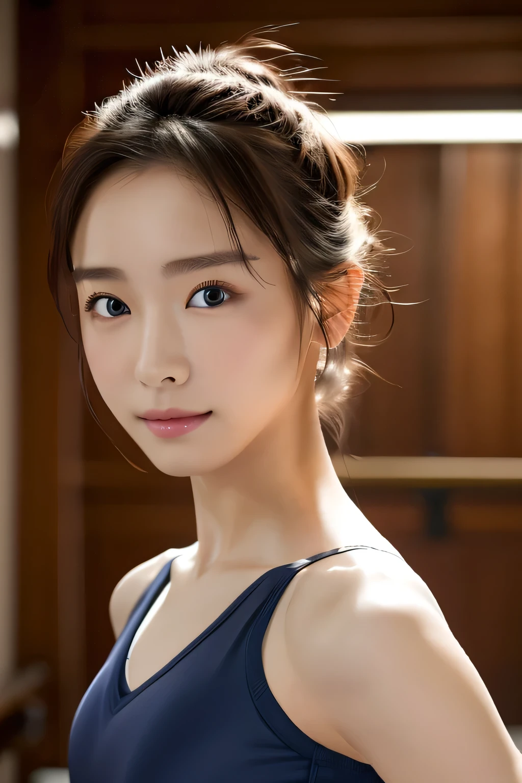 (Highest quality:1.4), (Very detailed), (Very detailed美しい顔), (Realistic Skin:1.4), (Girl practicing ballet:1.5), 17 years old, Great face, Symmetrical eyes, iris, Sideways Evening Updo, Japanese Girl, (Skinny body type:1.2), (Flat Chest:1.2), (Ballet practice clothes:1.2), (avert your eyes:1.3), Smooth, Very detailed CG synthesis 8k wallpaper, High-resolution RAW color photos, Professional photography, Light, White Light, dream-like, impressive, Written boundary depth, Ballet Classes, (Photographed from the front:1.5)