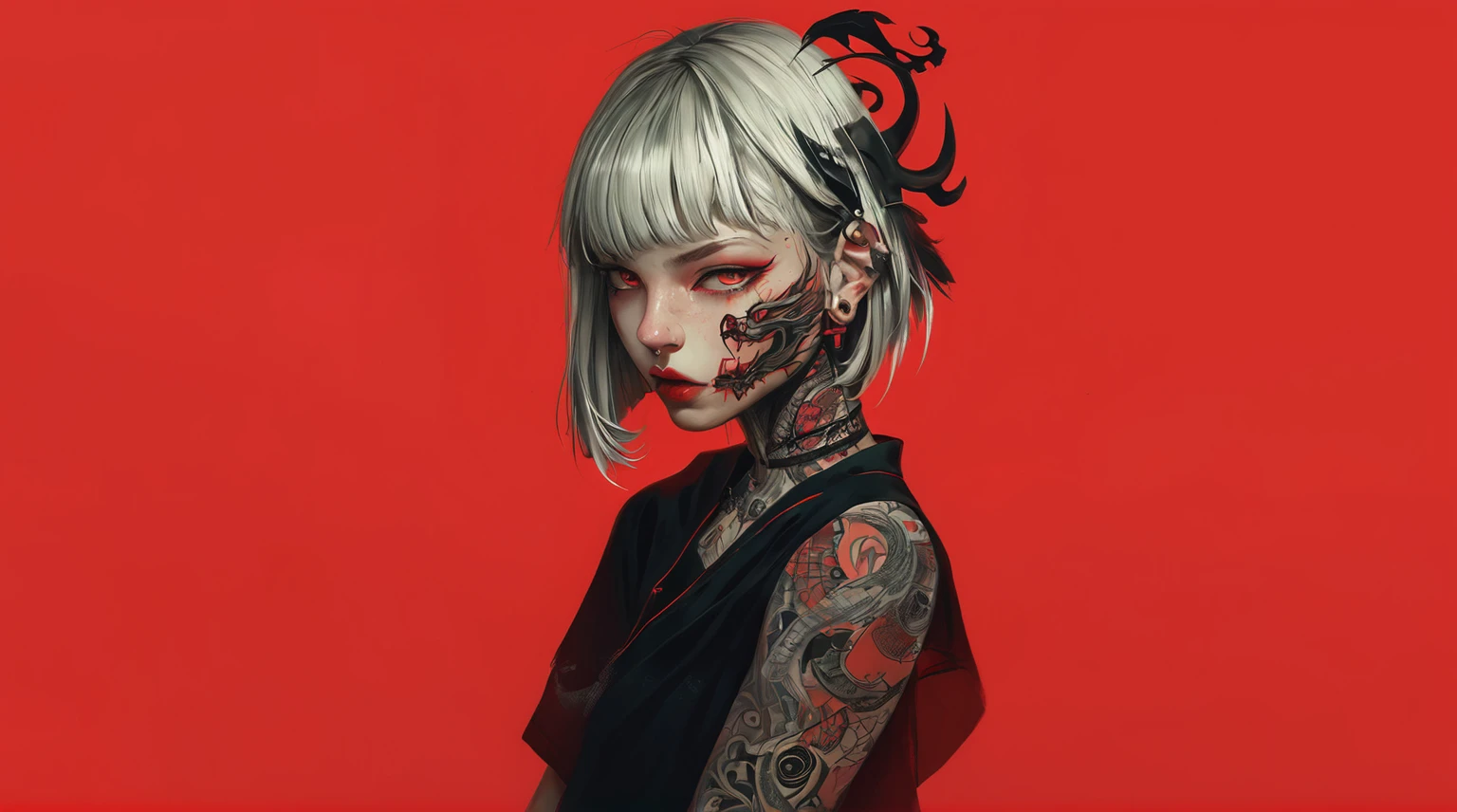 Stylized portrait of a woman with demonic appearance against a vibrant red background. She has long, straight black hair, straight bangs, and curved horns protruding from her head. Her eyes are red and her skin is pale. She wears a black outfit that exposes her shoulders. There's an inverted cross earring on her pointed ear. Her expression is serious and seductive, with full, parted lips. The artistic style is a blend of anime and realistic digital art, with contrasting black and red colors dominating the composition.