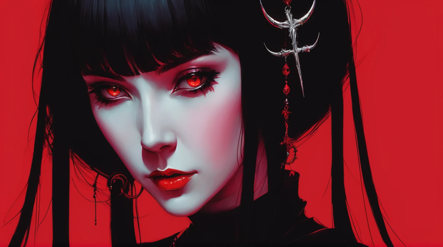 Stylized portrait of a woman with demonic appearance against a vibrant red background. She has long, straight black hair, straight bangs, and curved horns protruding from her head. Her eyes are red and her skin is pale. She wears a black outfit that exposes her shoulders. There's an inverted cross earring on her pointed ear. Her expression is serious and seductive, with full, parted lips. The artistic style is a blend of anime and realistic digital art, with contrasting black and red colors dominating the composition.