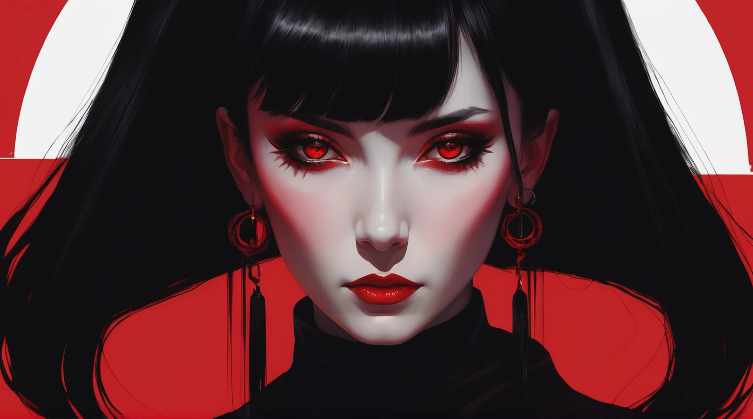 Stylized portrait of a woman with demonic appearance against a vibrant red background. She has long, straight black hair, straight bangs, and curved horns protruding from her head. Her eyes are red and her skin is pale. She wears a black outfit that exposes her shoulders. There's an inverted cross earring on her pointed ear. Her expression is serious and seductive, with full, parted lips. The artistic style is a blend of anime and realistic digital art, with contrasting black and red colors dominating the composition.