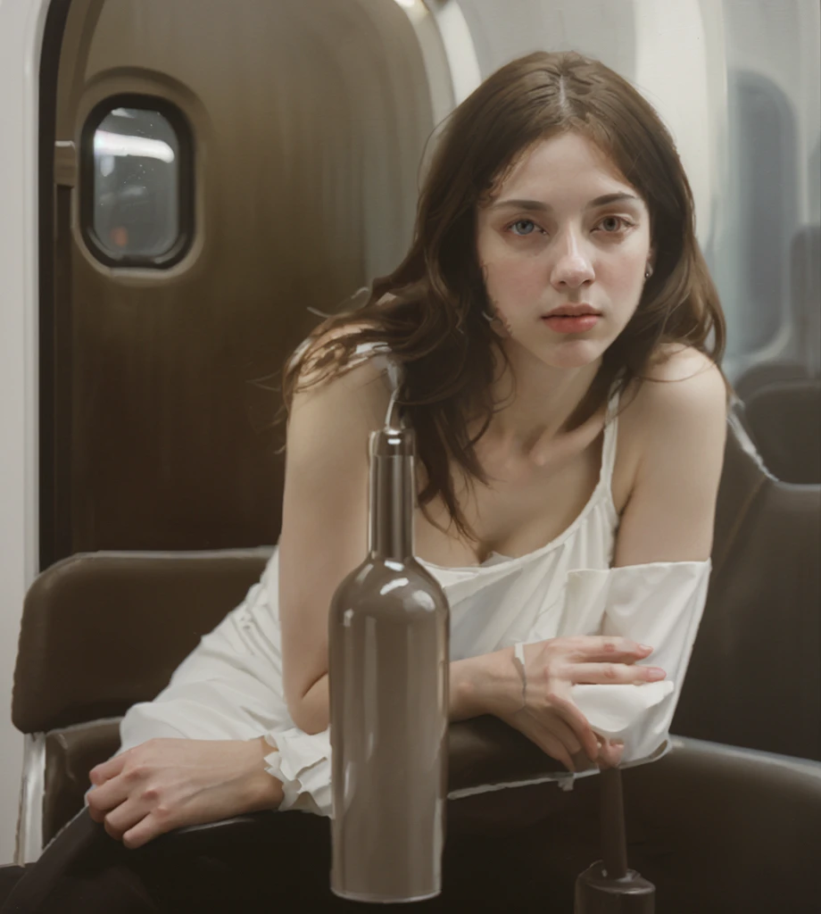 Oil painting of an elegant slim woman sitting in a Metro car ((ONE WOMAN ONLY)) ((woman dressed in white)) modern dress, White background, Brown hair,  modern, actual, Nick Alm, by Andrea Pozzo, Jeremy Lipking, range murata Jeremy Lipking, by Carlo Mense, inspired by Enrique Simonet, sargento marshénnikov, by Michael Ford, krenzcushart, Jeremy Lipking full length shot, by Josep Rovira Soler