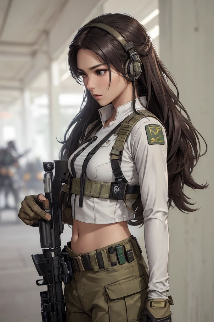 ((Woman in white holding a rifle and wearing headphones)), 24 year old woman, filipino women, bronze tan skin, young soldier, mechanized young soldier, Military Girl, beautiful female soldier, Female lead character, Military Girlราบ, Girl's sniper at war, solo female character, Future combat equipment, Half-body close-up, ((Woman wearing military bulletproof crop top)), (Show navel), เงียบจาก Metal Gear Solid V, Wear tactical equipment, Wear tactical armor., (Aim the rifle)