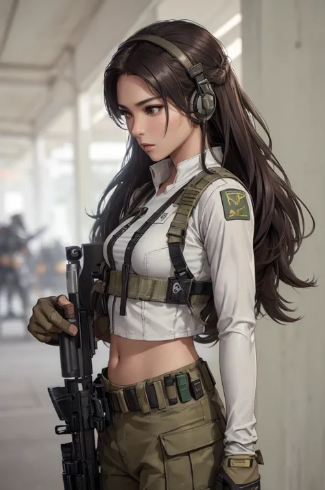 ((Woman in white holding a rifle and wearing headphones)), 24 year old woman, filipino women, bronze tan skin, young soldier, me...