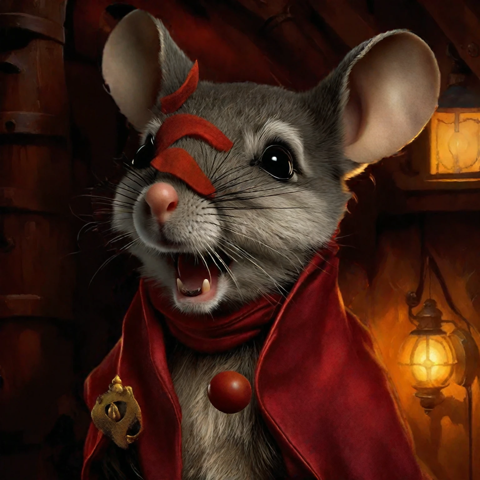 souris mâle, chapeau de pirate, nez de clown à la peau grise