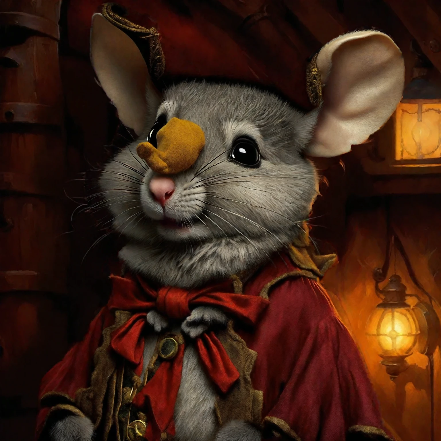 souris mâle, chapeau de pirate, nez de clown à la peau grise