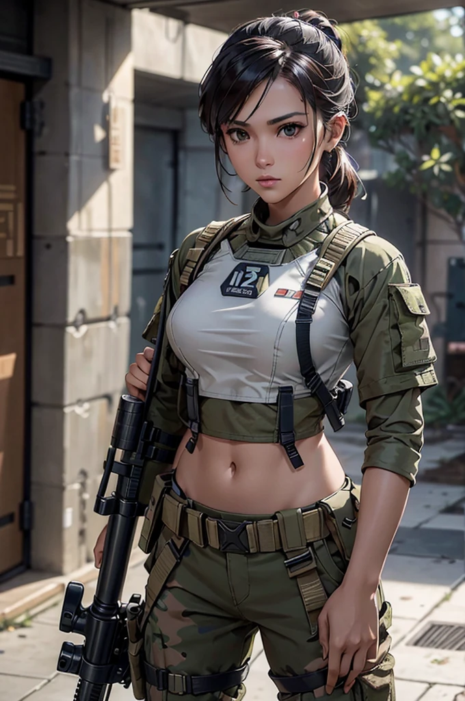 Woman in white holding a rifle and wearing headphones, 2 woman, filipino women, bronze tan skin, young soldier, mechanized young soldier, Military Girl, beautiful female soldier, Female lead character, Military Girlราบ, Girl's sniper at war, solo female character, Future combat equipment, Half-body close-up, Woman wearing military bulletproof crop top, Show navel, เงียบจาก Metal Gear Solid V, Wear tactical equipment, Wear tactical armor., (Aim the rifle)