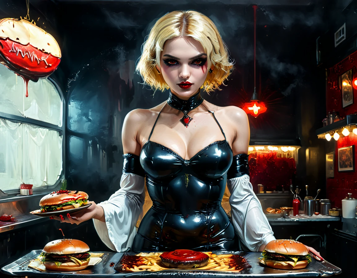 una imagen de pintura digital en 3D de extremadamente (hermosa mujer vanpire:1.3) ((sirviendo una hamburguesa cruda grande y jugosa: 1.3)) en una bandeja, Goteando sangre en un restaurante gótico americano., una hembra hermosa y exquisita (vampiro:1.3), (cuerpo completo: 1.3) ultra feminine ultra detallado face, pelo rubio, cabello corto, labios rojos, ojos rojos, ojos brillantes, vistiendo un seductor vestido de látex blanco glamuroso, sirviendo un restaurante gótico con fondo de cocina americana, cuerpo completo dynamic angle, , premiado, mejor calidad, alta calidad, detalles altos, alta resolución, vibrante, Resolución ultraalta, alto contraste, (obra maestra:1.5), de la máxima calidad, Mejor estetica, mejores detalles, mejor calidad, alta resolución, Ultra gran angular, 16k, [ultra detallado], obra maestra, mejor calidad, Fotorrealista, renderizado 3D, DARK, Estilo artístico chumbasket