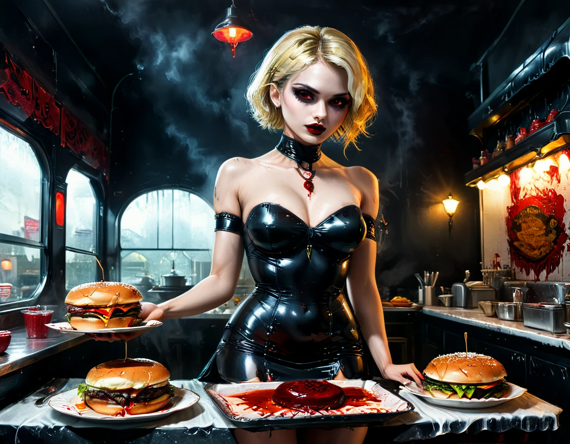 une image de peinture numérique 3D d&#39;extrêmement (belle femme vanpire:1.3) ((servir un gros hamburger cru juteux: 1.3)) sur un plateau, du sang coule dans un restaurant gothique américain, une belle femelle exquise (vampire:1.3), (tout le corps: 1.3) ultra feminine ultra détaillé face, cheveux blonds, Cheveux courts, lèvres rouges, les yeux rouges, yeux brillants, porter une robe en latex séduisante blanche glamour, servir un restaurant gothique fond de cuisine américaine, tout le corps dynamic angle, , primé, Meilleure qualité, Haute qualité, détails élevés, haute résolution, vibrant, Ultra haute résolution, Contraste élevé, (chef-d&#39;œuvre:1.5), la plus haute qualité, Meilleure esthétique, meilleurs détails, Meilleure qualité, haute résolution, ultra grand angle, 16k, [ultra détaillé], chef-d&#39;œuvre, Meilleure qualité, Photoréaliste, Rendu 3D, sombre, style artistique chumbasket