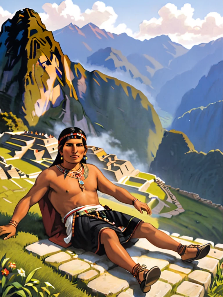 Inca drunk on the ground of Machu Picchu 