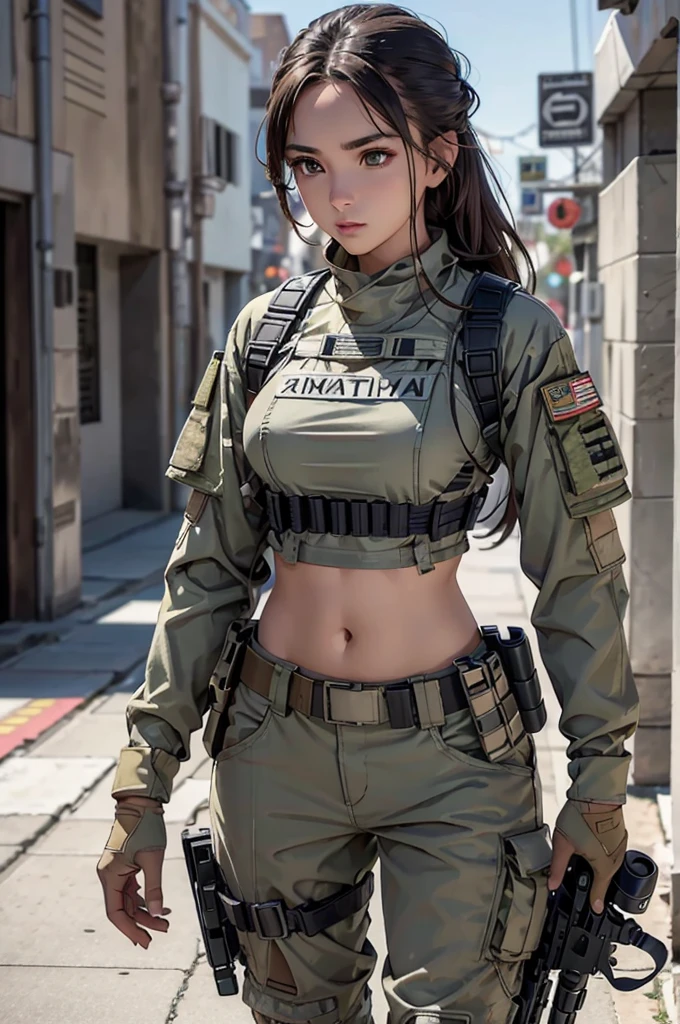 Woman in white holding a rifle and wearing headphones, 24 year old woman,  young soldier, mechanized young soldier, Military Girl, beautiful female soldier, Female lead character, Military Girlราบ, Girl's sniper at war, solo female character, Future combat equipment, Half-body close-up, Woman wearing military bulletproof crop top, Show navel, Wear tactical equipment, Wear tactical armor.,