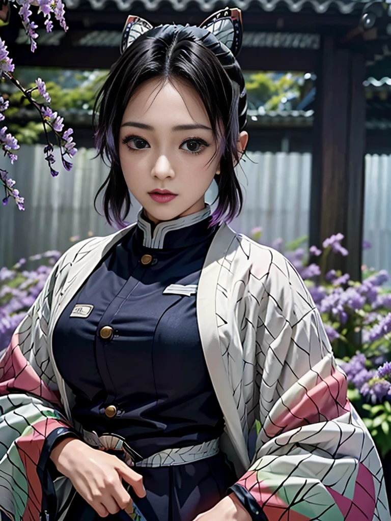 Realistic, Super detailed, High resolution, highest quality, Super detailedな,1 Female , Official Art, unity 8k wallpaper, Super detailed, beautiful and aesthetic, beautiful, masterpiece,( Super busty breasts:1.8,Small waist)、Glowing Skin,masterpiece, wonderful, (CG illustration),Asian, Ultra-realistic textured face and skin、Accurate anatomy、samurai、Colorful armor、Radiation Hair, bangs,Short Bob、((samurai))、sword,Facial details、Dynamic Pose、Dynamic Action、Dynamic Angle、Detailed Background、Wisteria flower、In combat、duel、Degrees of Freedom:1.3