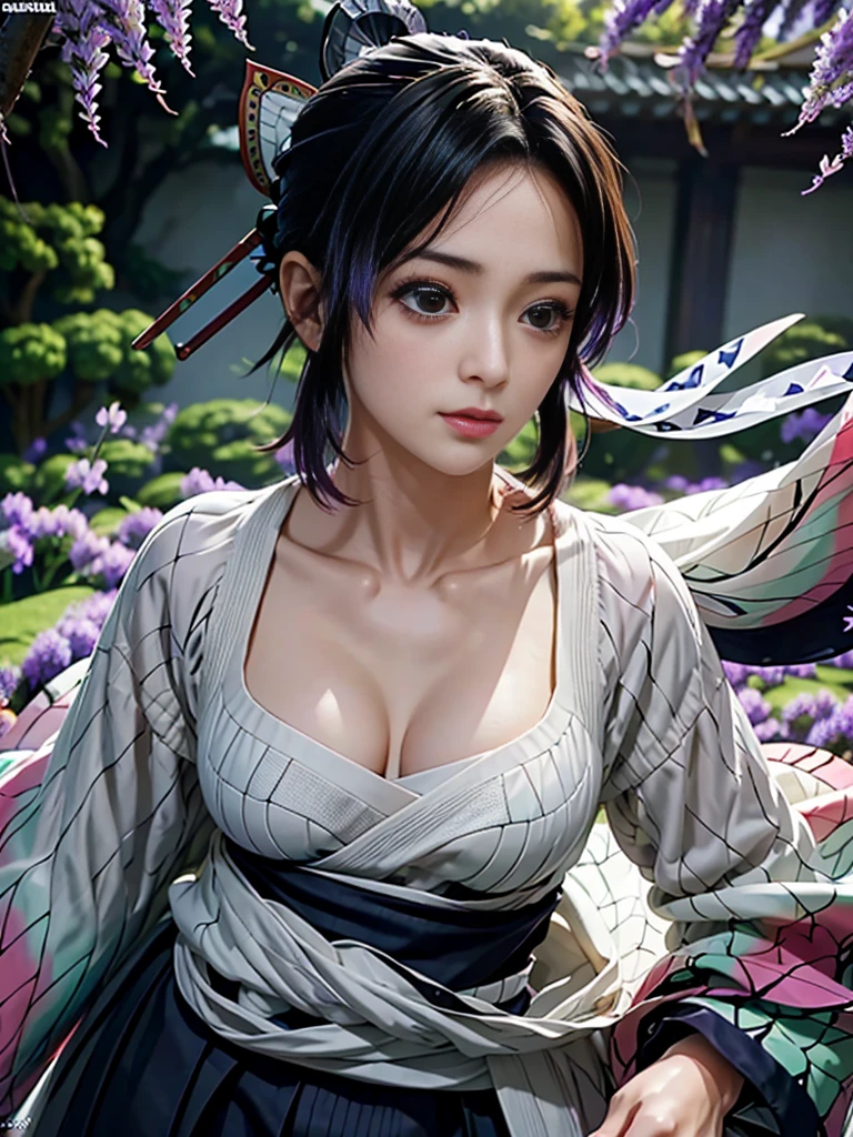 Realistic, Super detailed, High resolution, highest quality, Super detailedな,1 Female , Official Art, unity 8k wallpaper, Super detailed, beautiful and aesthetic, beautiful, masterpiece,( Super busty breasts:1.8,Small waist)、Glowing Skin,masterpiece, wonderful, (CG illustration),Asian, Ultra-realistic textured face and skin、Accurate anatomy、samurai、Colorful armor、Radiation Hair, bangs,Short Bob、((samurai))、sword,Facial details、Dynamic Pose、Dynamic Action、Dynamic Angle、Detailed Background、Wisteria flower、In combat、duel、Degrees of Freedom:1.3