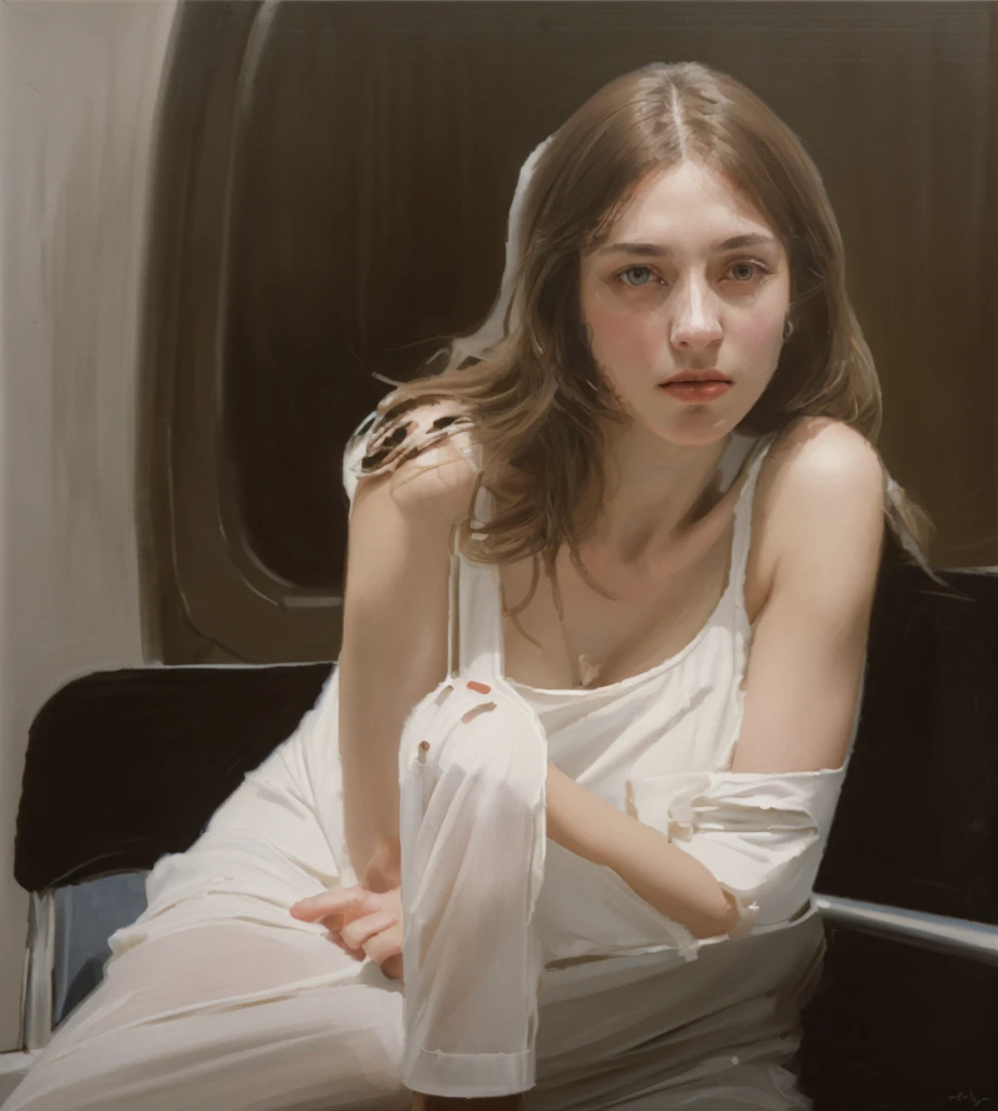 Oil painting of an elegant slim woman sitting in a Metro car ((ONE WOMAN ONLY)) ((woman dressed in white)) modern dress, Brown hair, modern, actual, Nick Alm, by Andrea Pozzo, Jeremy Lipking, range murata Jeremy Lipking, by Carlo Mense, inspired by Enrique Simonet, sargento marshénnikov, by Michael Ford, krenzcushart, Jeremy Lipking full length shot, by Josep Rovira Soler