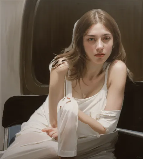Oil painting of an elegant slim woman sitting in a Metro car ((ONE WOMAN ONLY)) ((woman dressed in white)) modern dress, Brown h...