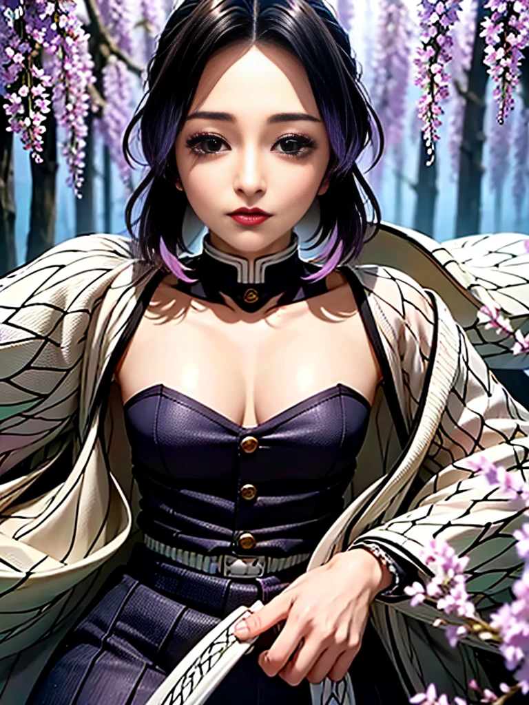 Realistic, Super detailed, High resolution, highest quality, Super detailedな,1 Female , Official Art, unity 8k wallpaper, Super detailed, beautiful and aesthetic, beautiful, masterpiece,( Super busty breasts:1.8,Small waist)、Glowing Skin,masterpiece, wonderful, (CG illustration),Asian, Ultra-realistic textured face and skin、Accurate anatomy、samurai、Colorful armor、Radiation Hair, bangs,Short Bob、((samurai))、sword,Facial details、Dynamic Pose、Dynamic Action、Dynamic Angle、Detailed Background、Wisteria flower、In combat、duel、Degrees of Freedom:1.3