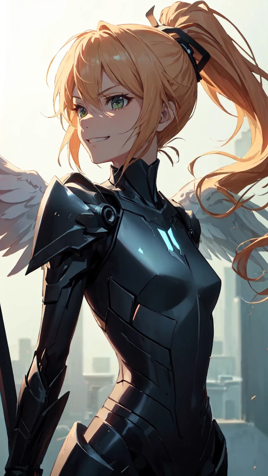 masterpiece, best quality, (detailed anime, video game art, extremely detailed CG unity 8k wallpaper), (best quality), (best illustration), (best shadow), absurdres, realistic lighting, (Abyss), beautiful detailed glow, anime, solo, 1girl, upper body shot, (mordred:0.89), female, feminine, blonde hair, green eyes, ponytail, tomboy, long hair, (dynamic pose, attack stance, angel warrior,black aura angel wings, smirk:1.03), messy hair, royalty warrior, soldier, vicious expression, grin, death glare, kubrick stare, perspective view, (\ ( three quarter profile \ ):0.), sleek black angular armor, futuristic, war, flames, torrent, burning cape, broken cape, capelet, shoulder cape