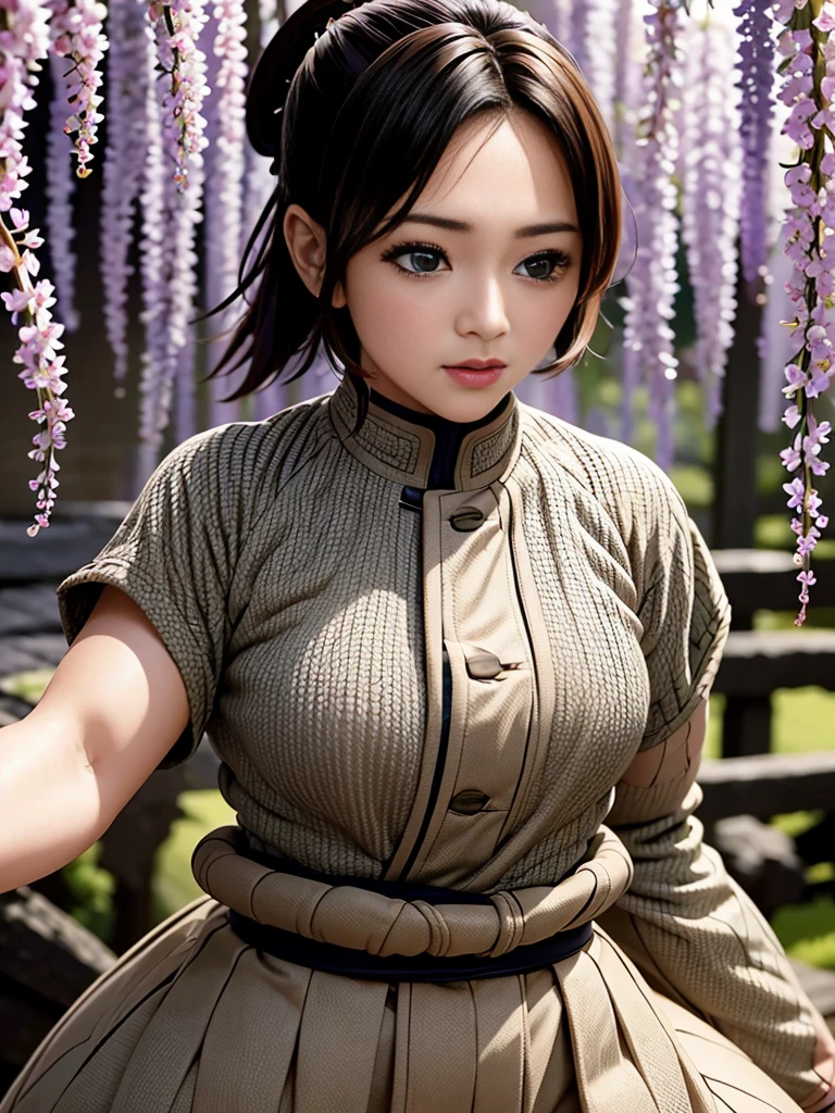 Realistic, Super detailed, High resolution, highest quality, Super detailedな,1 Female , Official Art, unity 8k wallpaper, Super detailed, beautiful and aesthetic, beautiful, masterpiece,( Super busty breasts:1.8,Small waist)、Glowing Skin,masterpiece, wonderful, (CG illustration),Asian, Ultra-realistic textured face and skin、Accurate anatomy、samurai、Colorful armor、Radiation Hair, bangs,Short Bob、((samurai))、sword,Facial details、Dynamic Pose、Dynamic Action、Dynamic Angle、Detailed Background、Wisteria flower、In combat、duel、Degrees of Freedom:1.3