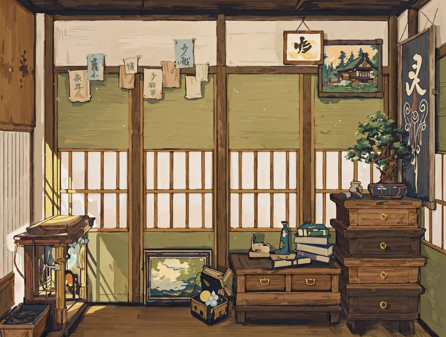 There is a room，There are a lot of furniture and a window inside, Personal room background, Inspired by Yoshida Toshi, room of the nameless painter, Japanese Houses, Studio Ghibli bedroom, Inspired by Watanabe Shotasu, Anime Background Art, Studio Ghibli Aesthetics, Japanese influence, Warm home background, Detailed scenery —width 672