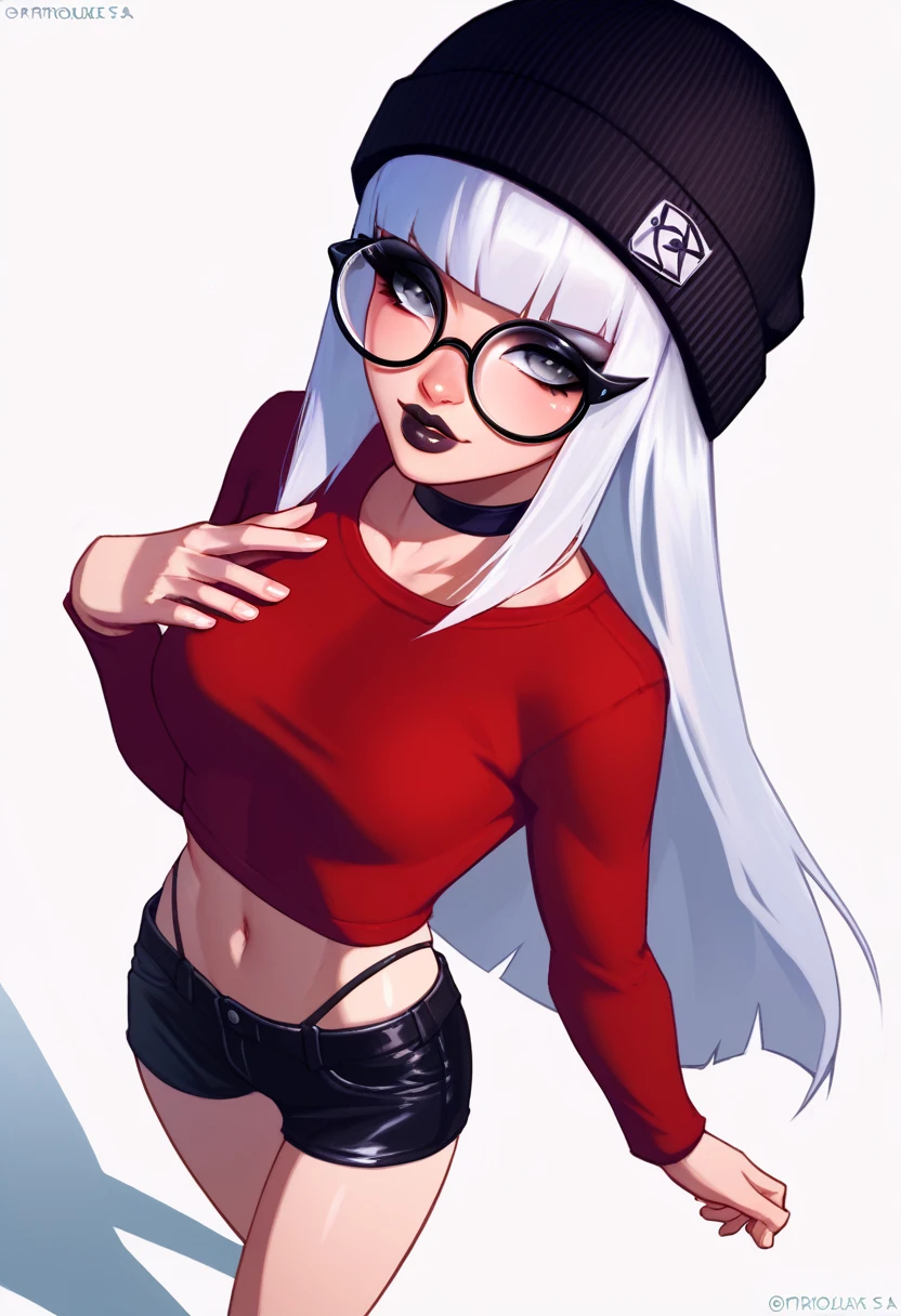 score_9, score_8_up, score_7_up, score_6_up, score_5_up, score_4_up, BREAK 1girl, white hair, hime-cut hair, straight hair, long hair, grey eyes, thick lips, small, long eyelashes, half-closed eyes, black-framed eyewear, round eyewear, black choker, blunt bangs, adult, black eyeliner, ear piercing, black lips, grey eyeshadow, looking at viewer, BREAK solo, standing, adult, skinny, highleg, arched back, from above, thigh gap, red shirt, black shorts, beanie hat, BREAK (white background:1.2), simple background, dynamic pose, dynamic angle, angled shot,
