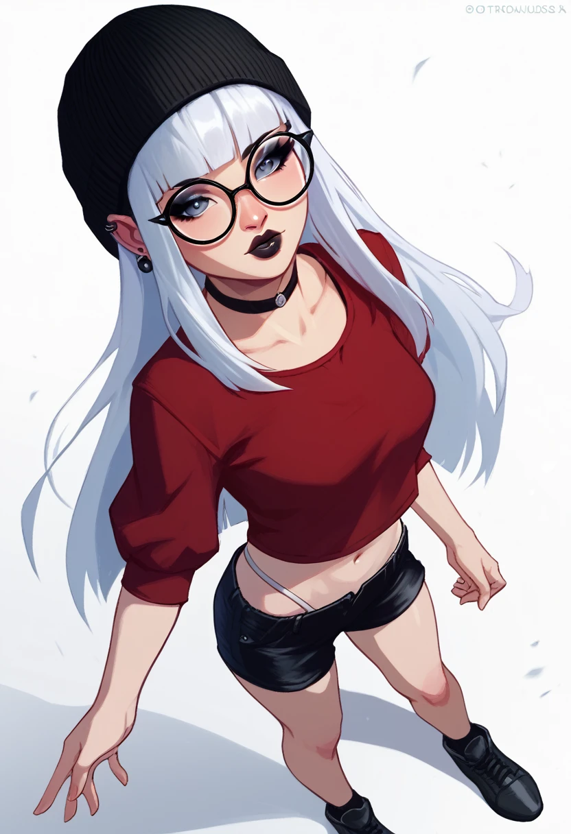 score_9, score_8_up, score_7_up, score_6_up, score_5_up, score_4_up, BREAK 1girl, white hair, hime-cut hair, straight hair, long hair, grey eyes, thick lips, small, long eyelashes, half-closed eyes, black-framed eyewear, round eyewear, black choker, blunt bangs, adult, black eyeliner, ear piercing, black lips, grey eyeshadow, looking at viewer, BREAK solo, standing, adult, skinny, highleg, arched back, from above, thigh gap, red shirt, black shorts, beanie hat, BREAK (white background:1.2), simple background, dynamic pose, dynamic angle, angled shot,
