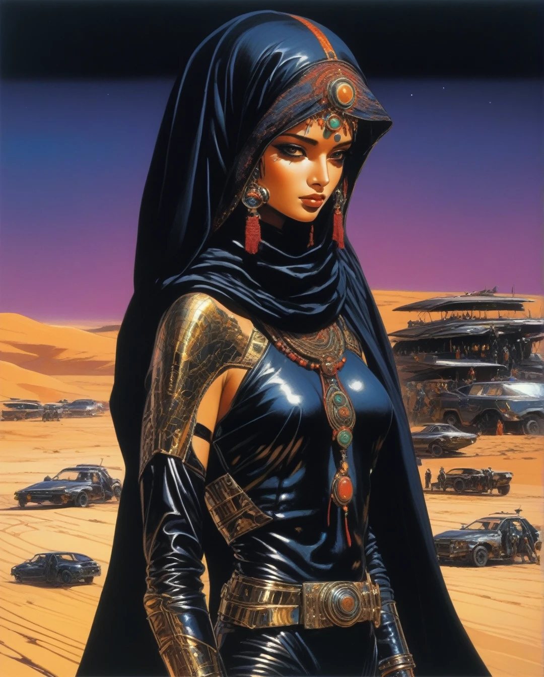 amano yoshitaka,  Art style by Noriyoshi Ohrai, Hajime Sorayama, Hiroshi Nagai, (Masterpiece, Top Quality, Super Deatail, High Resolution, Best Illustration), "An exceptional Saudi Arabian Bedouin female warrior adorned in a sleek, black metallic mechanical suit, seamlessly blending traditional Bedouin elements with cutting-edge cyberpunk aesthetics. The scene is set against a backdrop of a dark, dystopian sci-fi landscape, with neon-lit deserts and futuristic cityscapes. The art style echoes the retro 1980s, capturing the essence of that era's vibrant color palette and bold design. The composition should evoke a sense of mystery and power, with intricate details highlighting the fusion of ancient Bedouin culture and advanced technology."