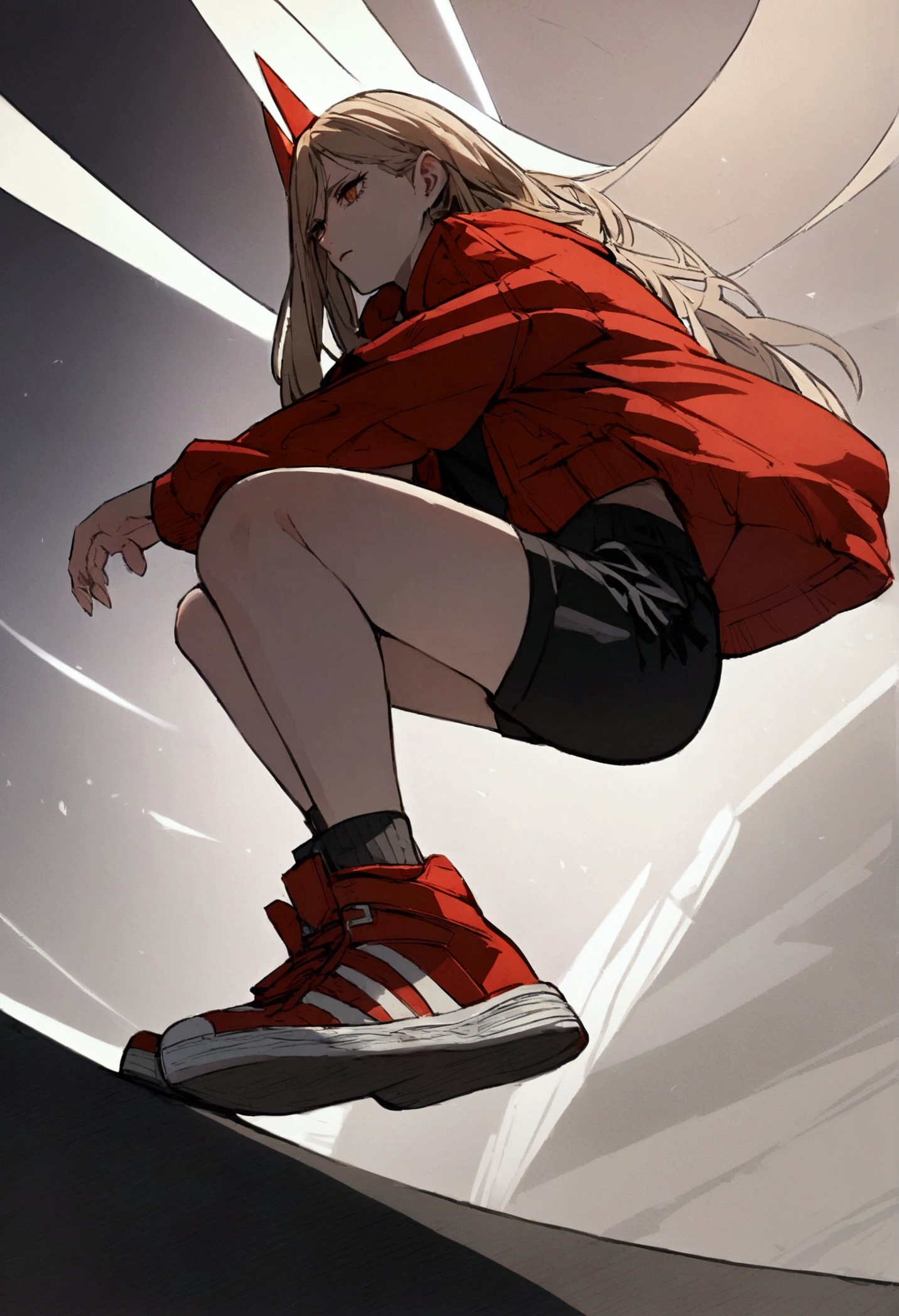 a power, , wearing a red jacket, a short and small white , black shorts and sneakers  