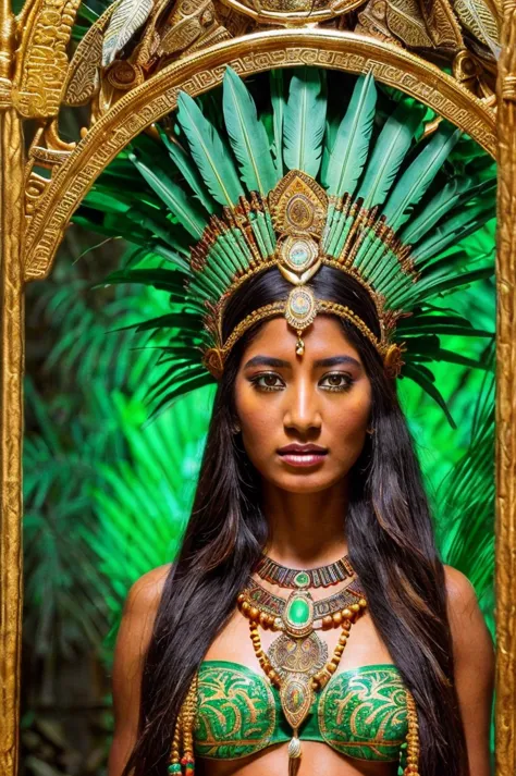 realistic concept art of aztec goddess, most beautiful and ethereal beauty, a powerful aztec goddess in a vibrant jungle, ancien...