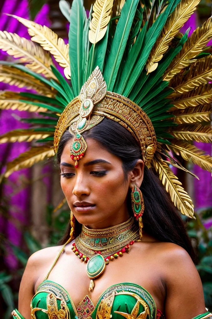 Realistic concept art of Aztec Goddess, most beautiful and Ethereal Beauty, a powerful aztec goddess in a vibrant jungle, ancient gold and jade artifacts, ceremonial costumes, intricate facial patterns, sacred temples, mystical aura, extravagant feather headdress, intense gaze, intricate carvings, lush green foliage, dramatic lighting, vibrant colors